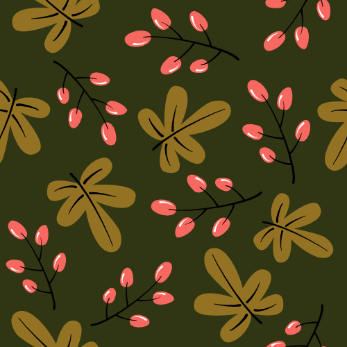 cute lovely hand drawn autumn seamless vector pattern illustration with leaves and pink berries on green background by Alice Vacca