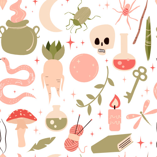  Cute cartoon funny halloween decorative seamless vector pattern background illustration with witchcraft symbol elements for holidays season by Alice Vacca