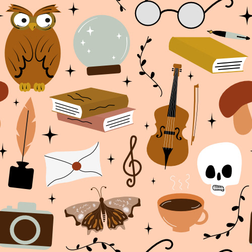 Cute cartoon hand drawn seamles vector pattern background illustration with dark academia vintage elements collection by Alice Vacca