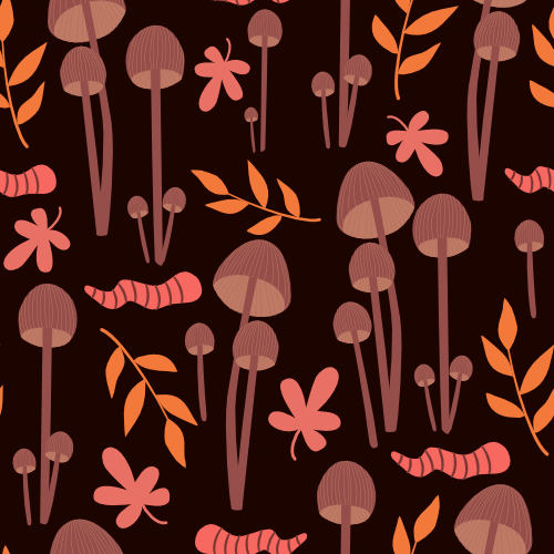  Cute hand drawn autumn fall seamless vector pattern background illustration with mushrooms, worms and leaves by Alice Vacca