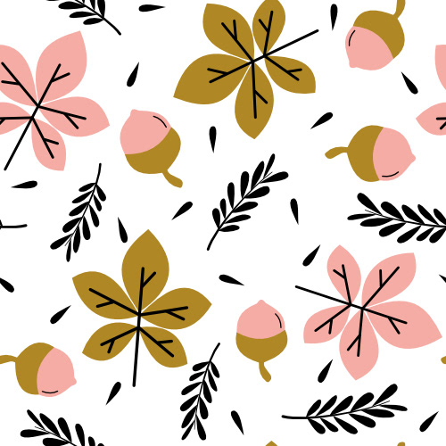 cute hand drawn autumn seamless pattern background illustration with acorn and fall leaves by Alice Vacca