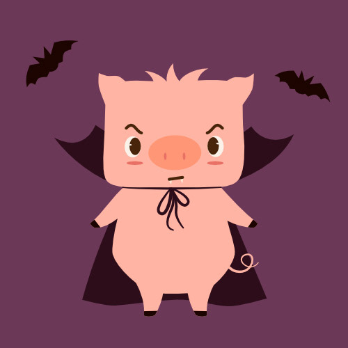 Cute hand drawn cartoon character vampire pig and flying bats funny halloween holiday vector illustration on purple background by Alice Vacca