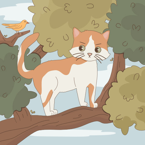 cute hand drawn cartoon character cat and yellow bird on the tree funny illustration by Alice Vacca