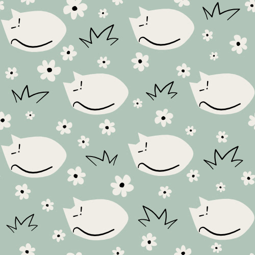cute hand drawn cartoon character sleeping cat in the meadow seamless vector pattern background illustration with daisy flowers and grass by Alice Vacca