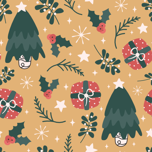 cute christmas hand drawn seamless vector pattern illustration with cartoon christmas tree, gift box, holly, stars, snowflakes, mistletoe and other traditional holidays elements on yellow background by Alice Vacca 