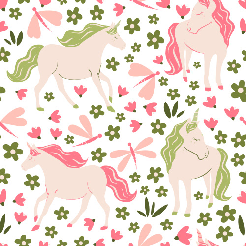 Cute cartoon character hand drawn pink and green unicorns seamless vector pattern background illustration with daisy flowers and dragonflies by Alice Vacca