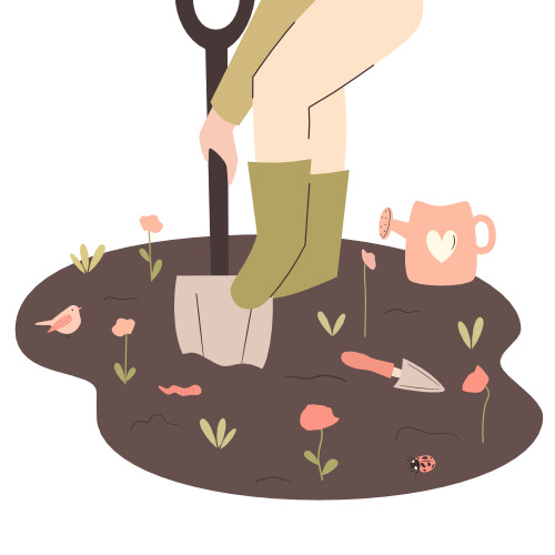 cute cartoon hand drawn character person gardening in the backyard with plants, pink flowers, worm, bird and ladybug. Springtime concept vector illustration By Alice Vacca