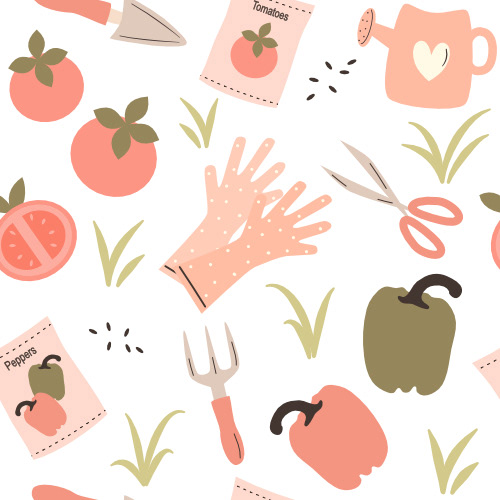 cute hand drawn springtime seamless vector pattern background illustration with tomatoes, gardening tools, peppers, watering can, vegetable seeds, gloves and grass By Alice Vacca