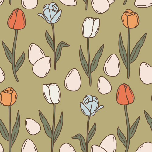 cute lovely hand drawn cartoon seamless vector pattern background illustration with easter eggs and colorful tulips By Alice Vacca