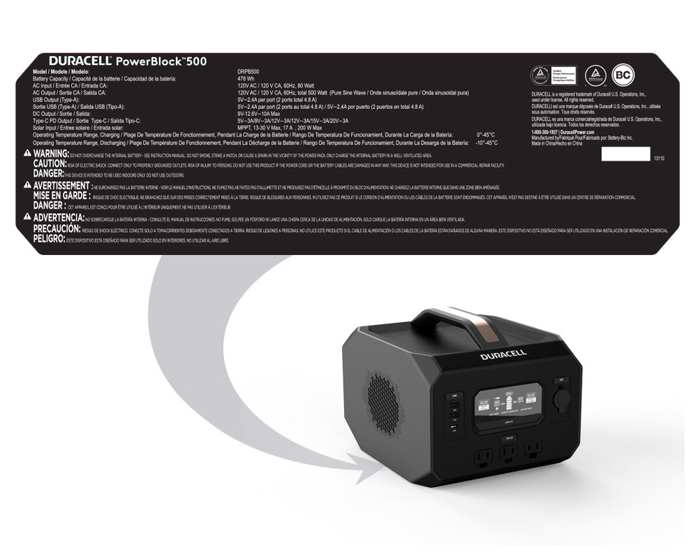 Product Rating/Safety Label Duracell