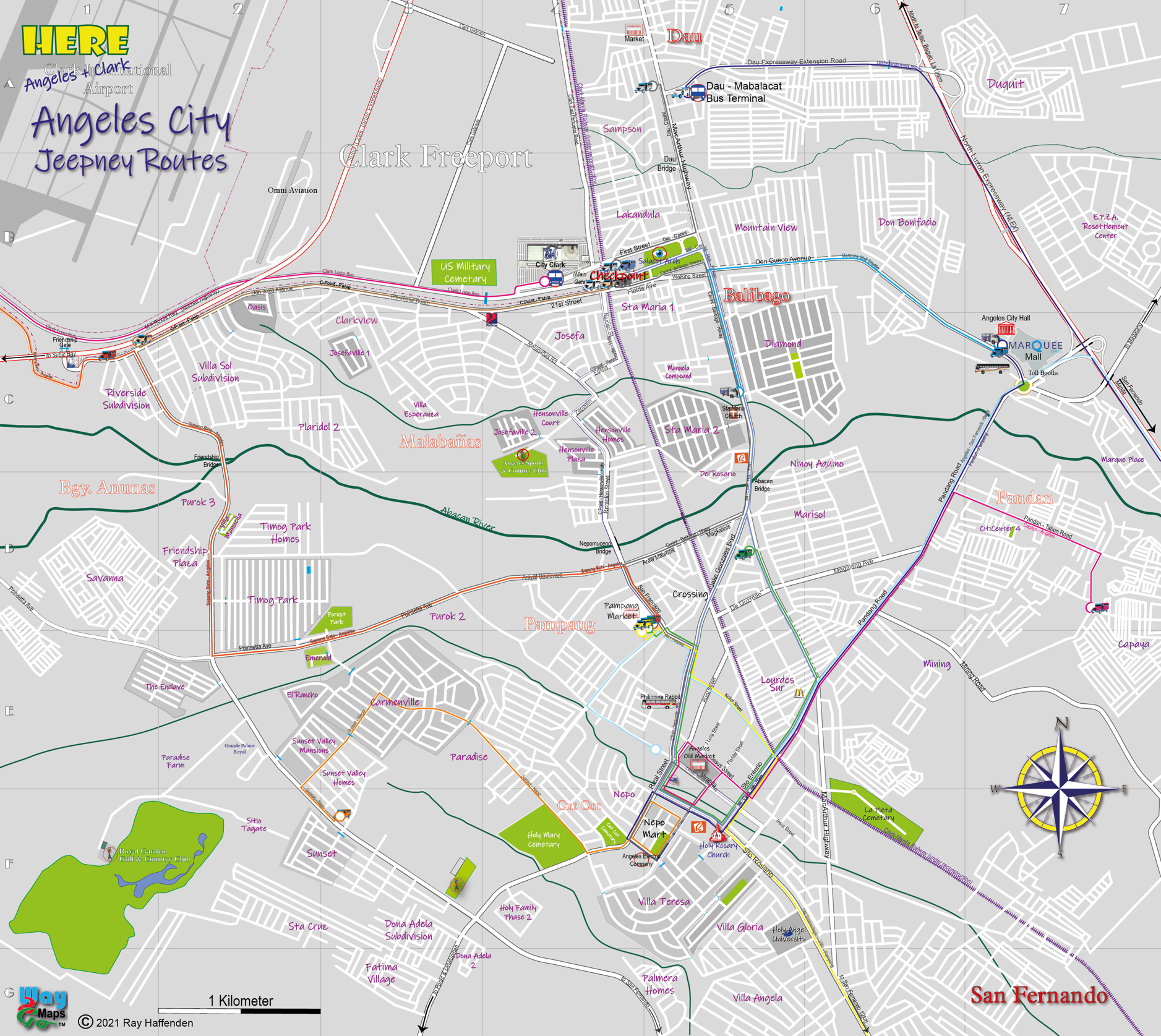 Map of Angeles City, Pampanga, Philippines showing Jeepney Routes and Subdivisions