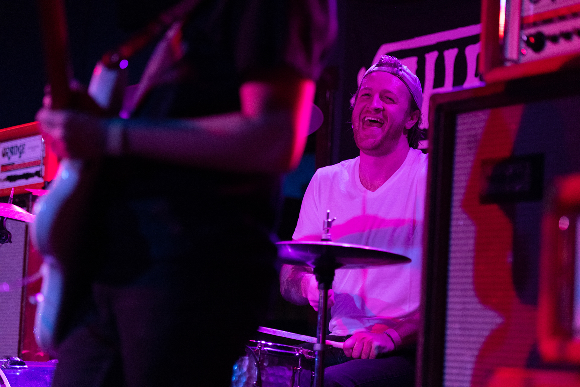 The drummer for Grown Bones, Chad Ridgeway, laughs during their performance at The Union in Athens, Ohio, on Friday, Jan. 28, 2022.