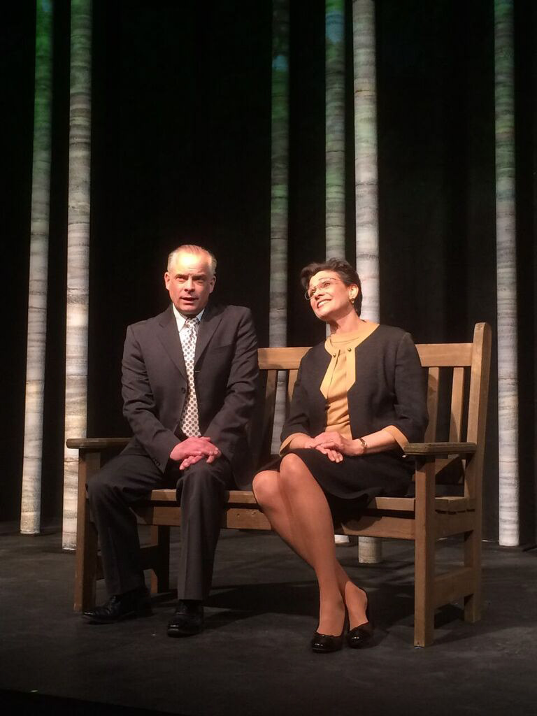 A Walk in the Woods by Lee Blessing, Third Avenue PlayWorks, directed by Bob Boles, Production Design by James Valcq. Pictured: Carrie Hitchcock (Botvinnik), Alan Kopischke (Honeyman)