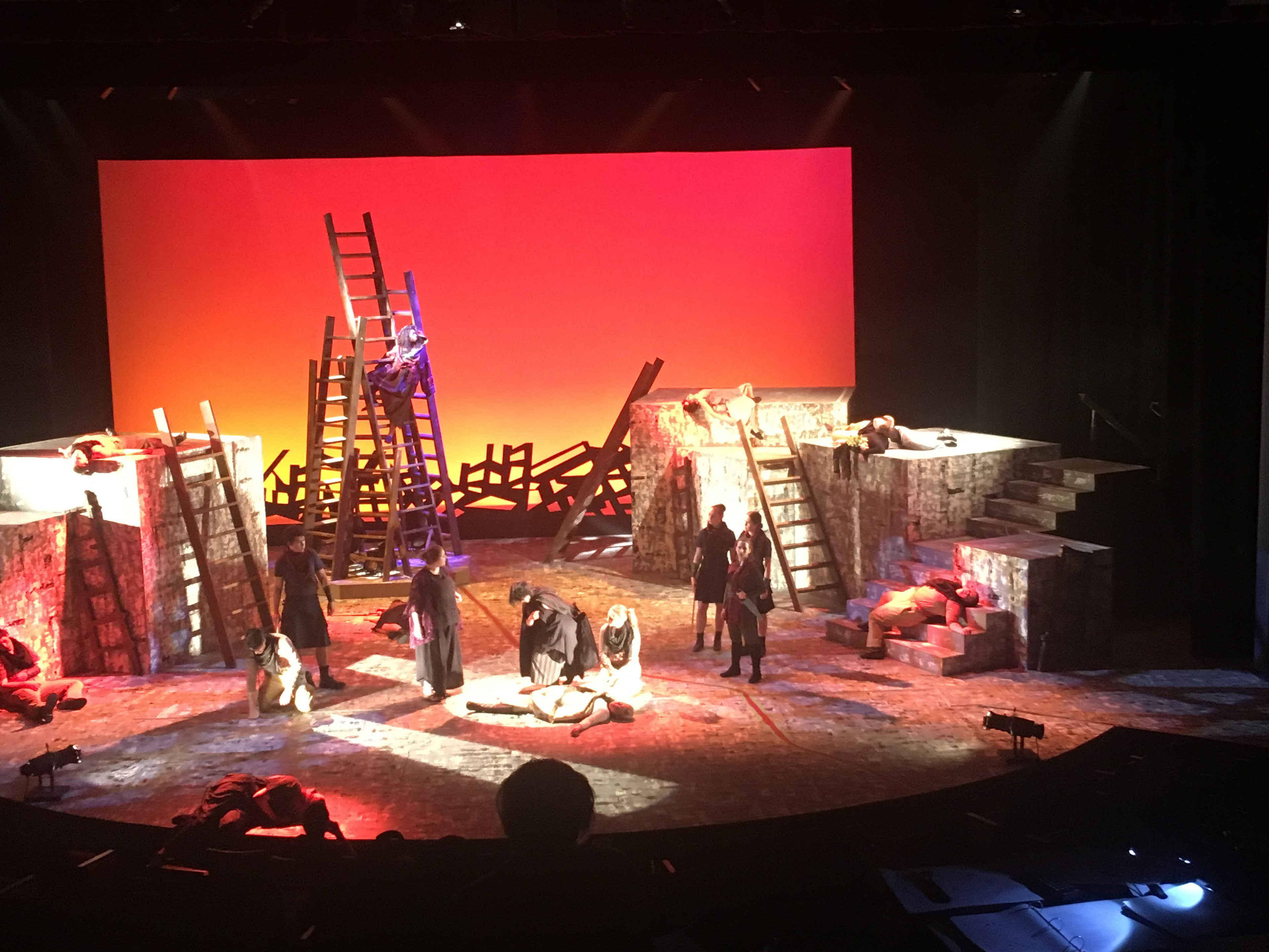 Julius Caesar by William Shakespeare, UW-Green Bay, directed by Alan Kopischke, Scenic Design by Matthew Beecher, Lighting Design by Dinesh Yadav, Costume Design by Kaoime Malloy. Pictured: The Cast