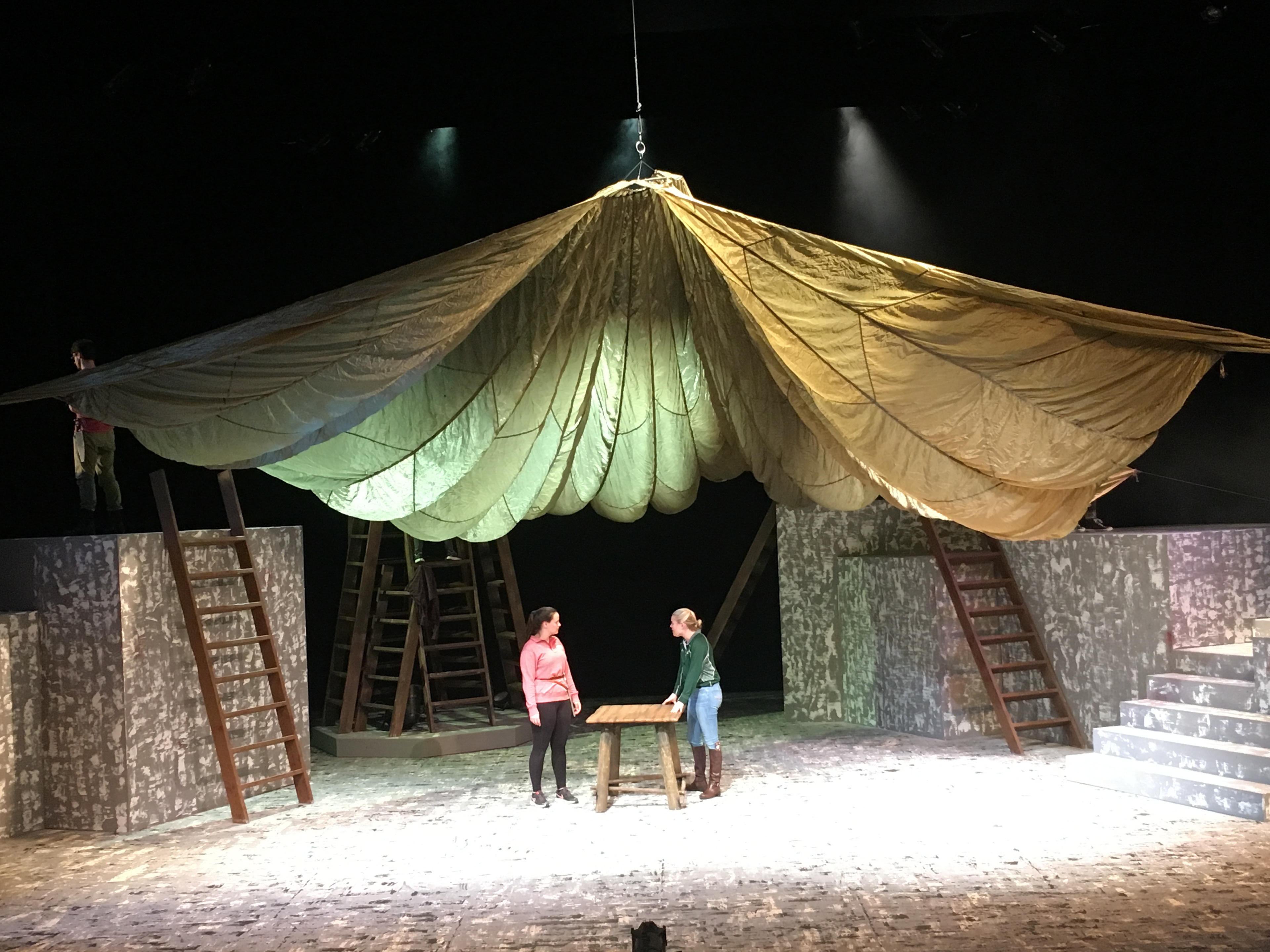 Julius Caesar by William Shakespeare, UW-Green Bay, directed by Alan Kopischke, Scenic Design by Matthew Beecher, Lighting Design by Dinesh Yadav, Costume Design by Kaoime Malloy. Pictured: Guin Caspar (Cassius), Faith Klick (Brutus)