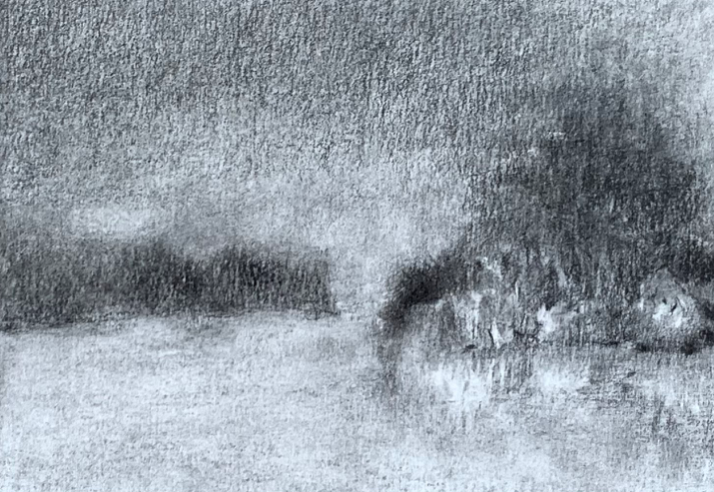 O silencio do lago Carvão s/papel montado em tela 18X24cm C/moldura PV 150euros
