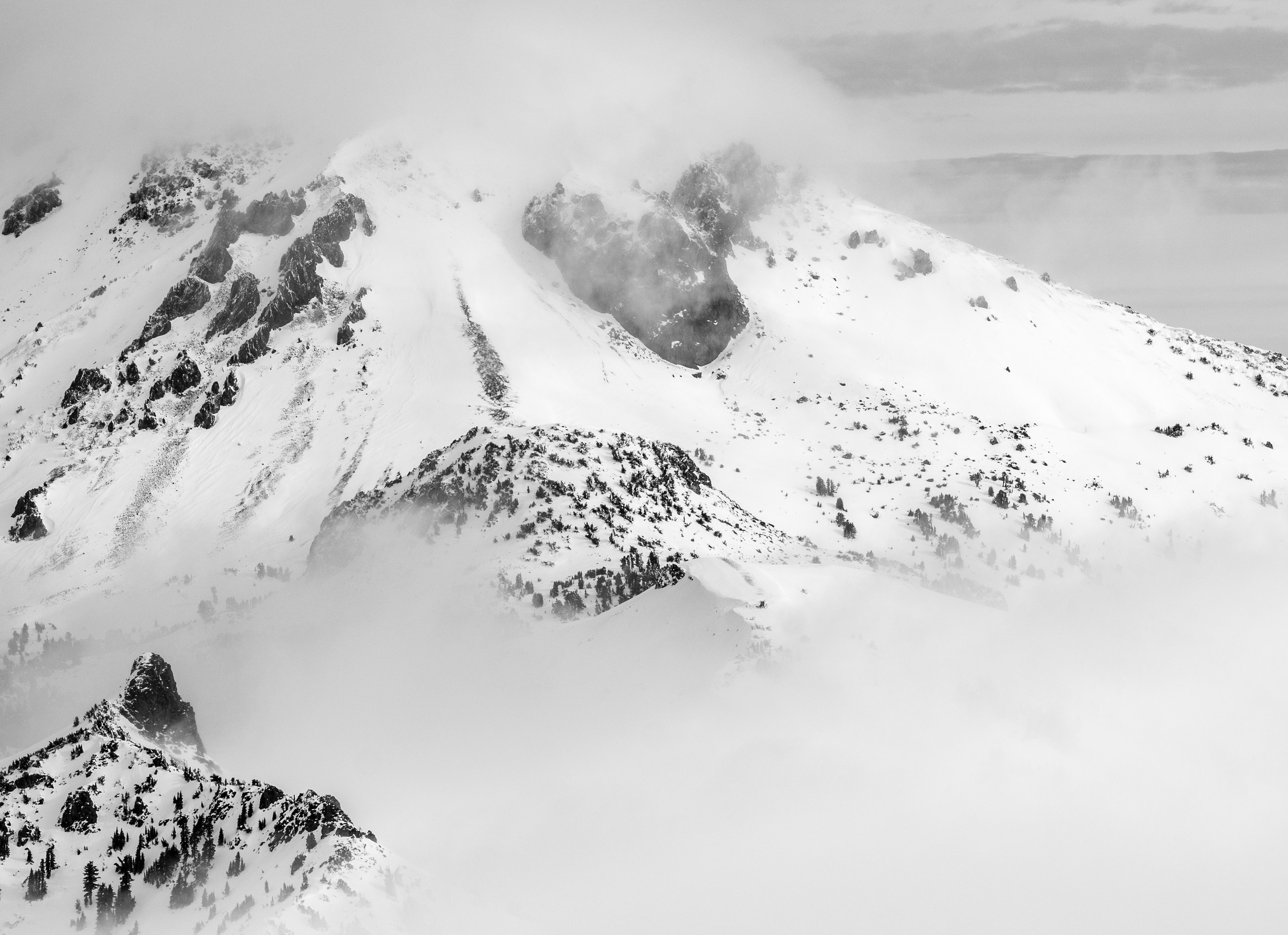 Pilot Peak, Eagle Peak, and Lassen Peak in the Snow and Fog