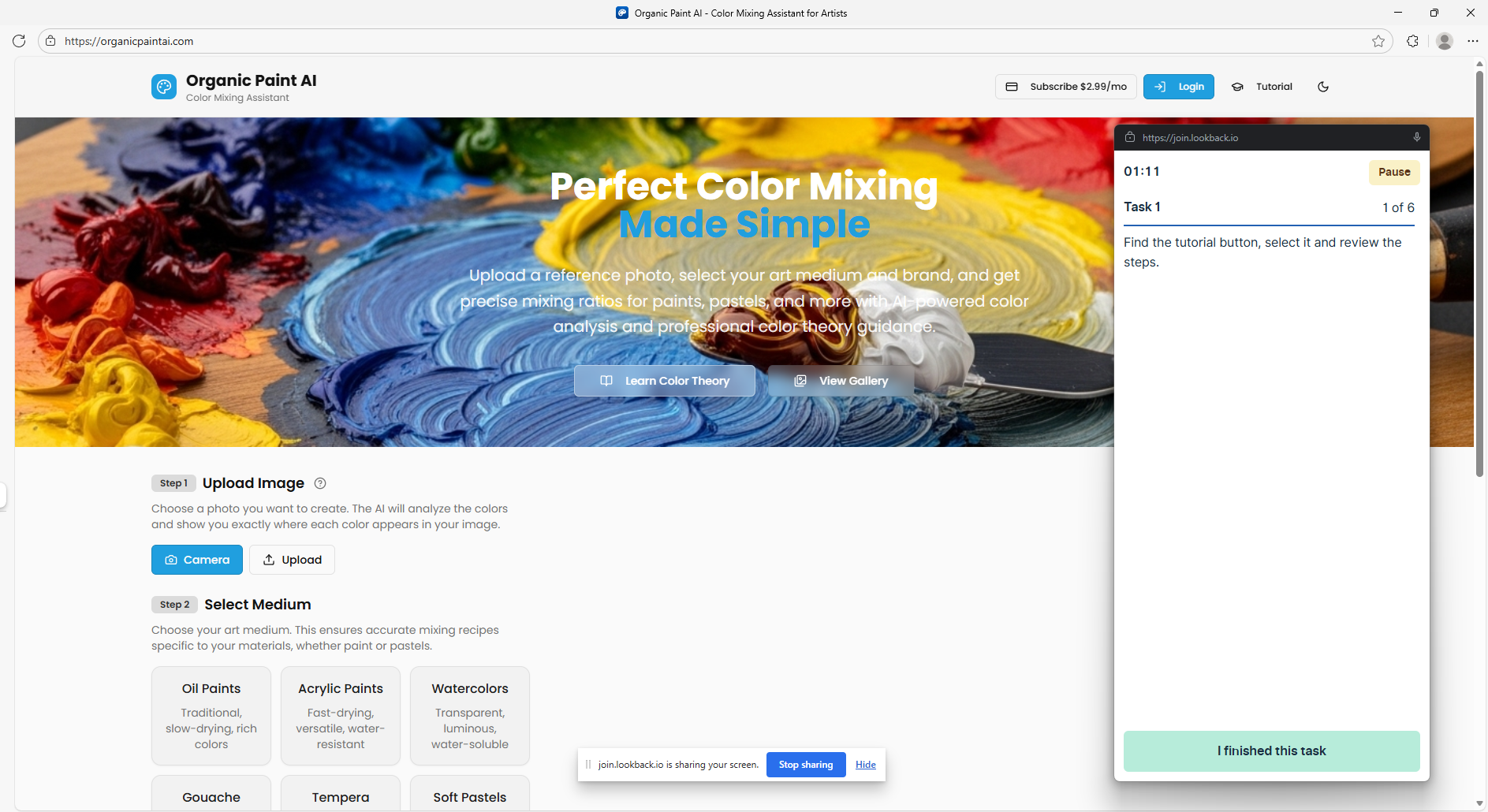 Lookback usability testing for task one in progress for Organic Paint AI