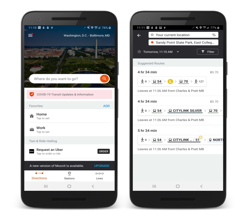 Two screens of the Moovit app for competitive analysis