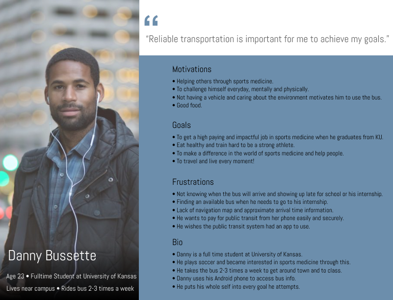 Danny Bussette user persona for Let's Go bus app