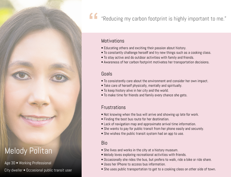 Melody Politan user persona for Let's Go bus app