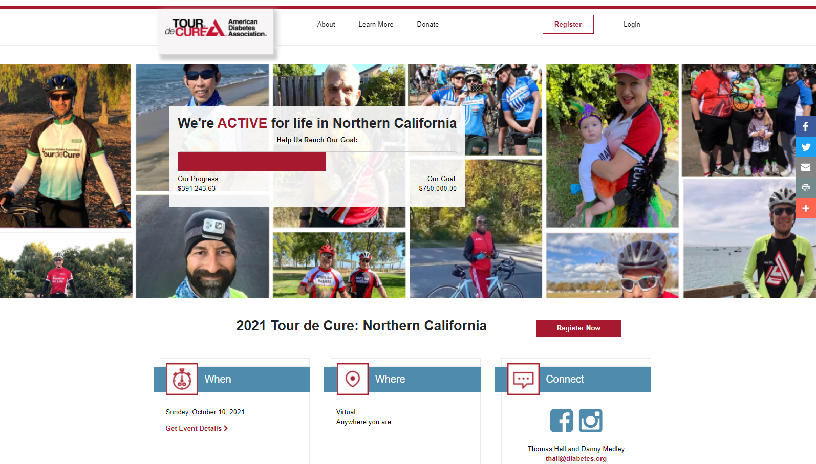 Team homepage for ADA's Tour de Cure