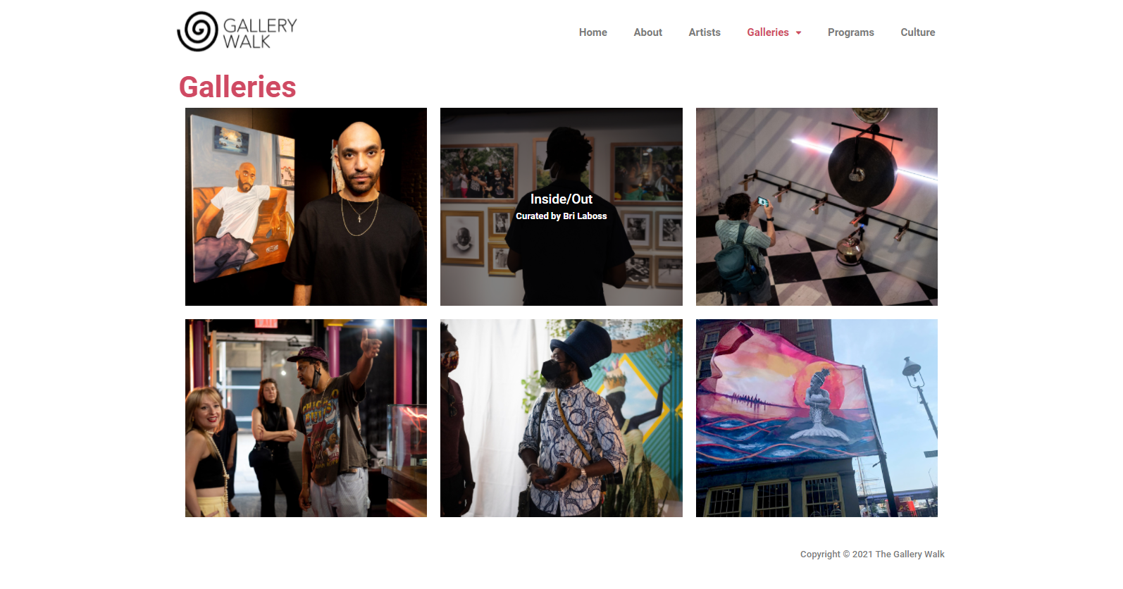 Gallery Walk page with photo grid of galleries
