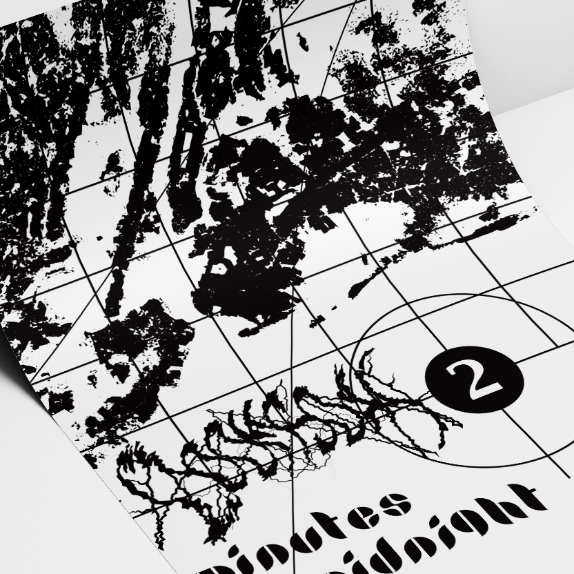 An exploration in poster mockups. A flyer print design the theme being "2 minutes to midnight"