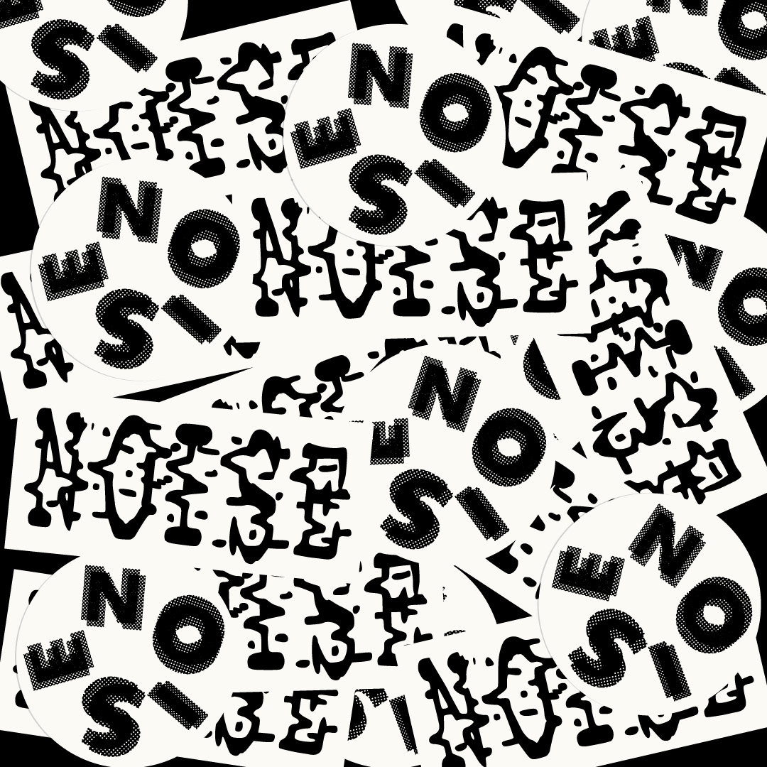 Simple black and white circle and round stickers for "NOISE" mag.