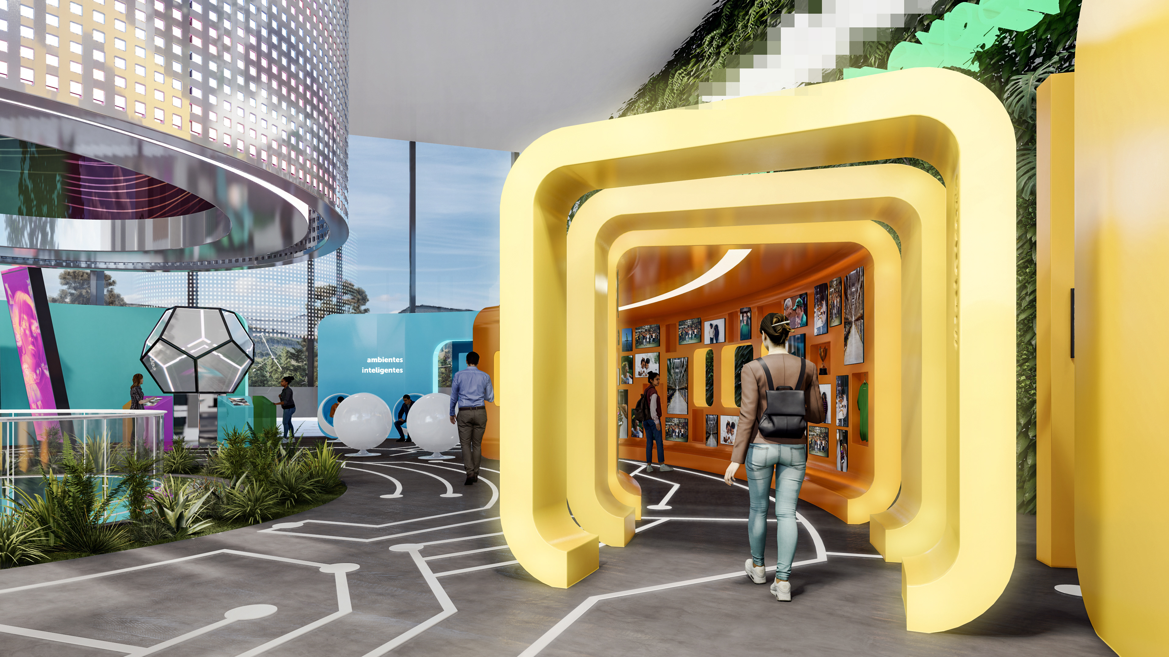 Tunnel with interactive screens and employees' testimonies