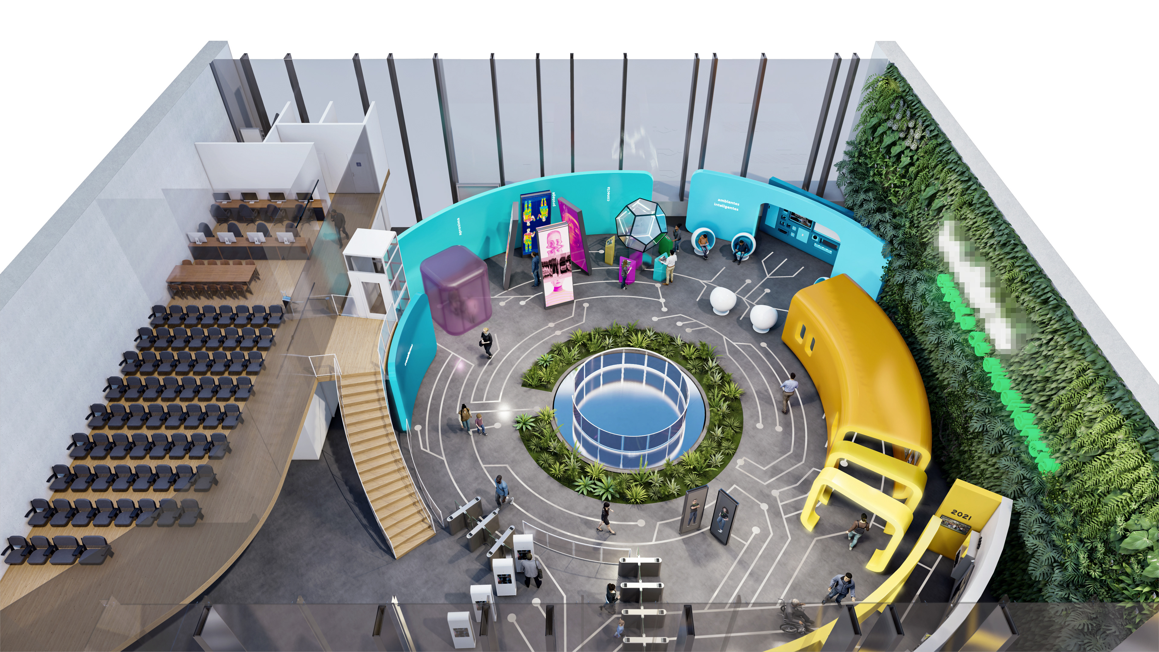 Overview of the space shows other areas as well as the green wall which represents sustainability