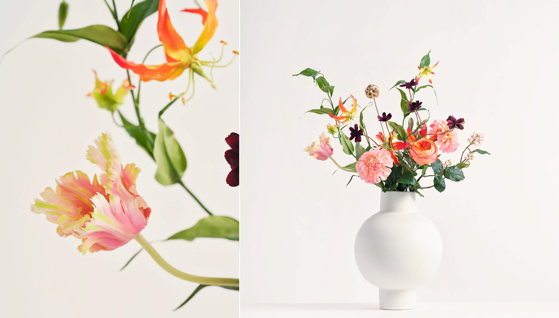 Product photo's of artificial flowers from recycled materials in the studio presented in designer vase