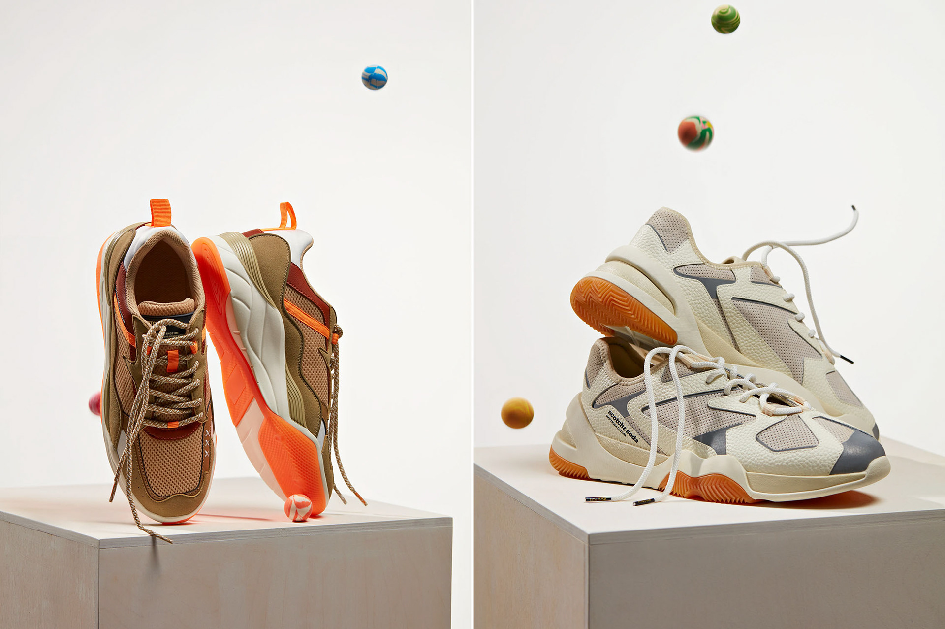 Two pairs of shoes are presented in a playful way on pedestals and bouncy balls are moving through the image