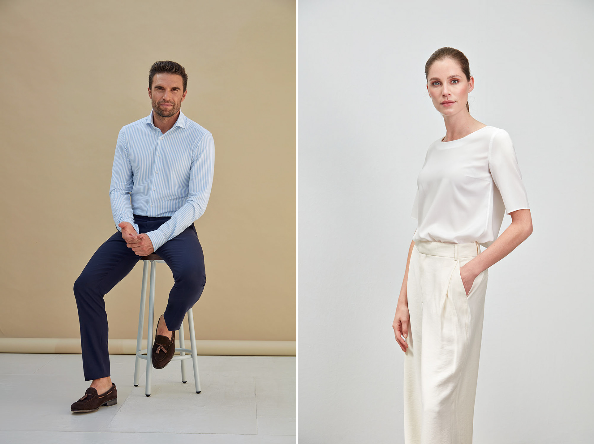 a male model on the left sitting on a stool showing a blue outfit against a yellow background and a female model on the right in a neutral studio setting showing Asoni clothes