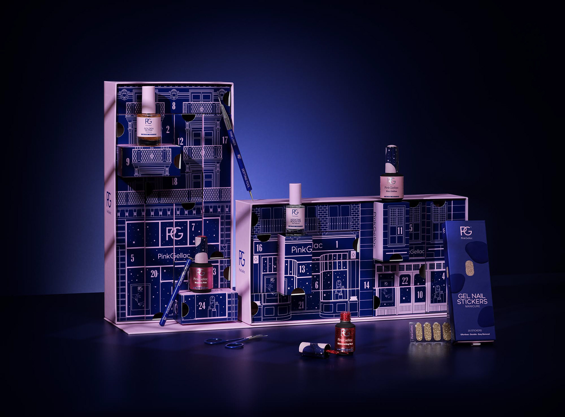 Stylized product photography of a luxury advent calendar by Pink Gellac, featuring an intricate dark blue and pink box with numbered doors arranged like building facades. The scene is dramatically lit with purple and magenta studio lighting, creating rich shadows and glossy highlights. Several nail care products—gel nail polishes, a cuticle pusher, nail stickers, and small tools—are arranged around and inside the box. The background fades into a smooth gradient of deep violet, enhancing the elegant and festive atmosphere. High-end, editorial style with a modern, glamorous aesthetic.
