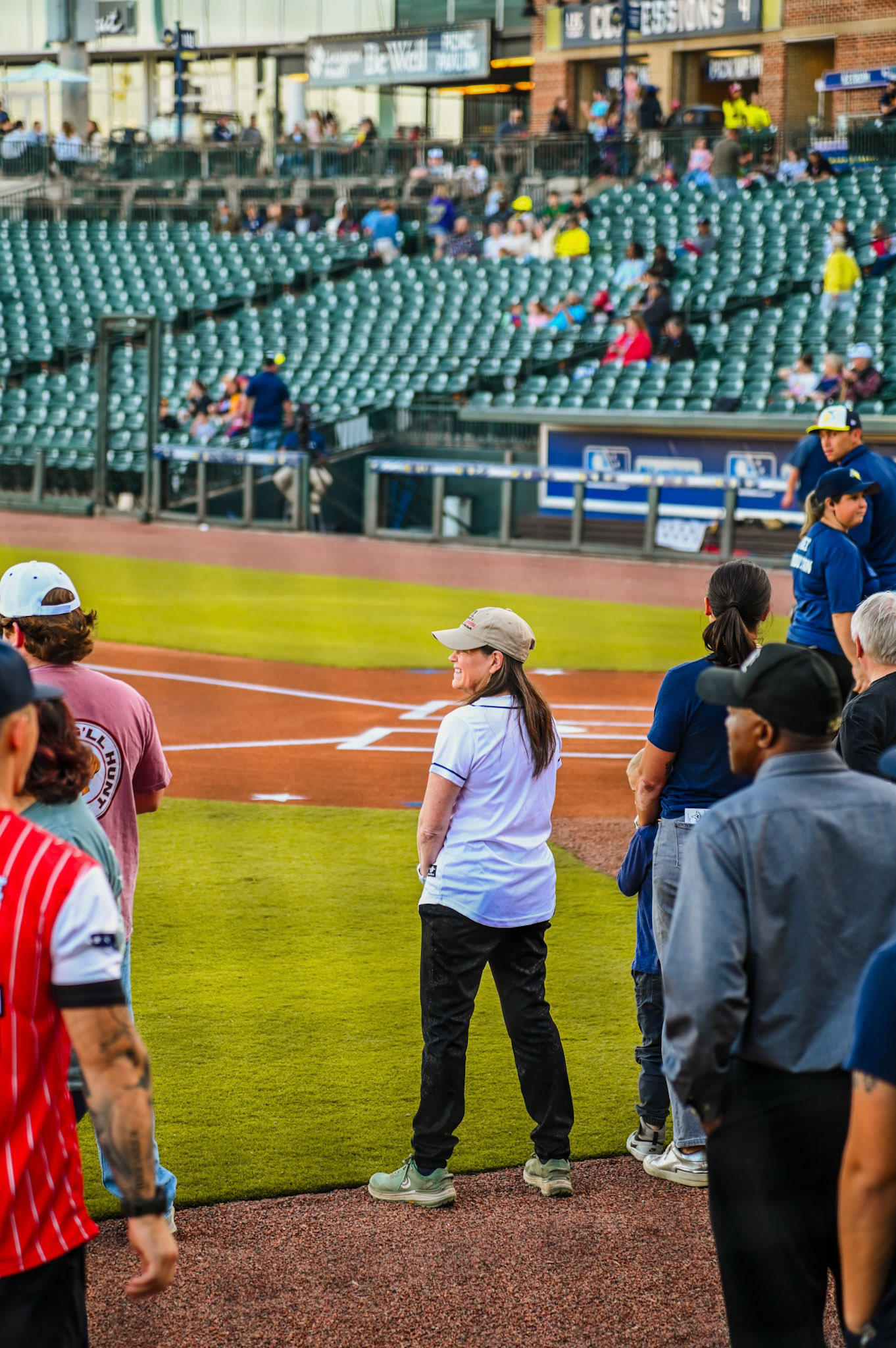Dean Sabo-Attwood waiting to throw the first pitch at the baseball game