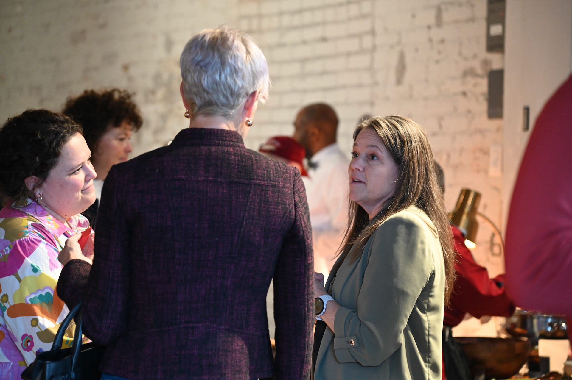 Dean Sabo-Attwood speaking with alumni