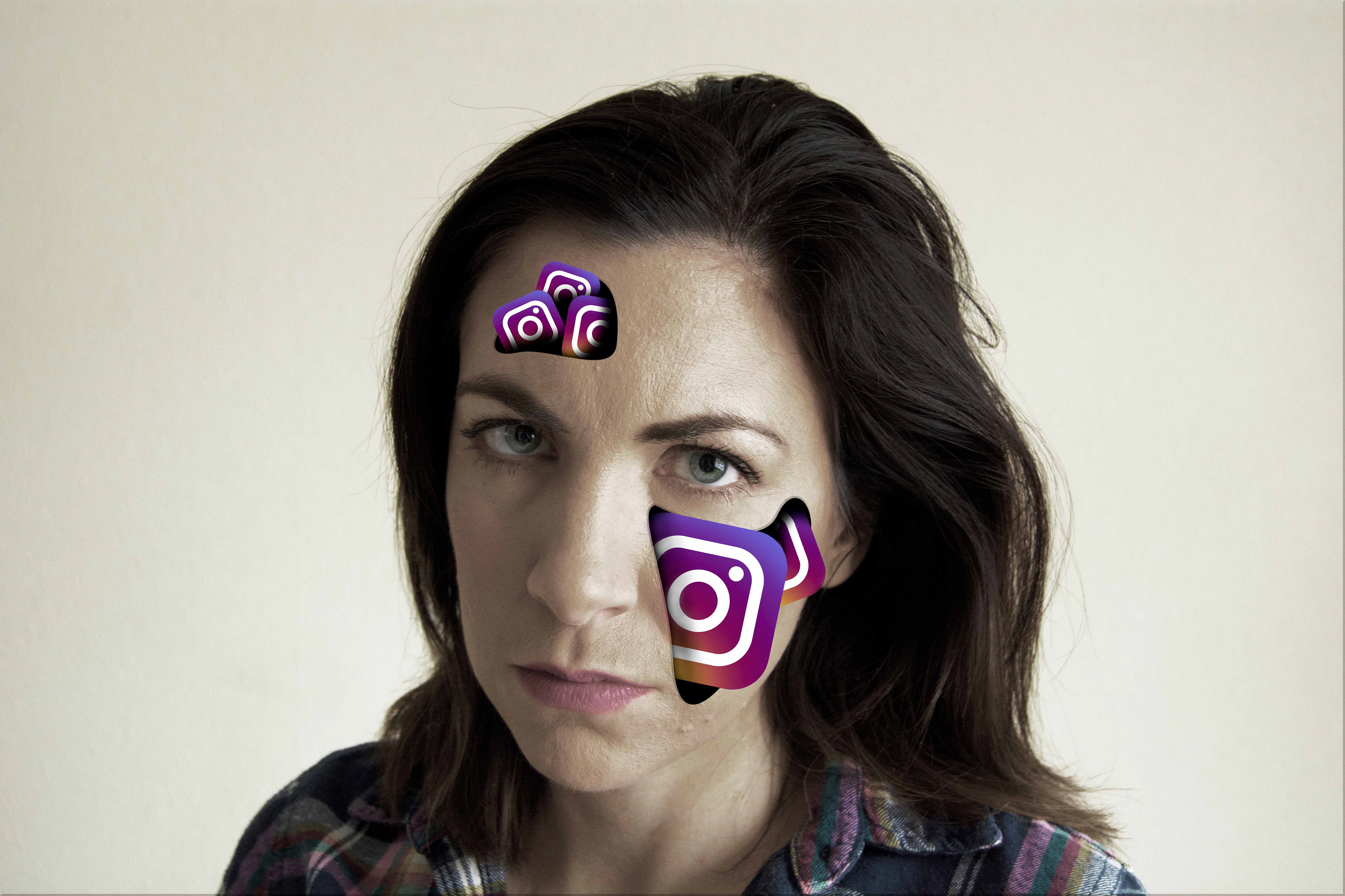 Woman is covered by Instagram logos.