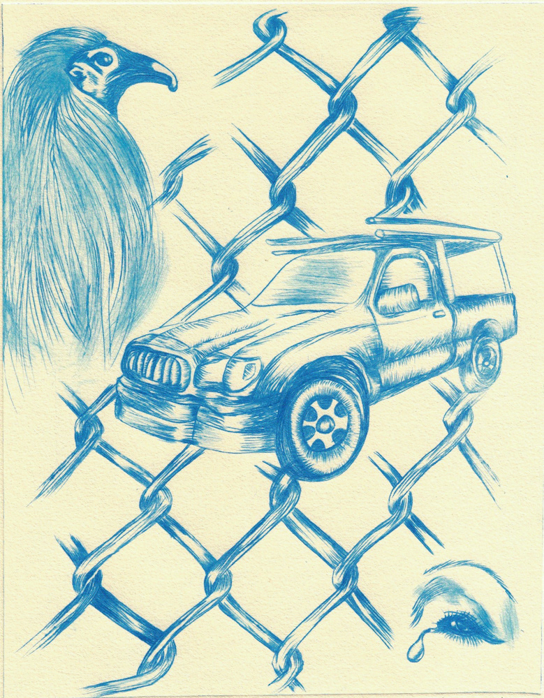 Ahorita Regreso, 2022. Etching on cotton paper. 11x9 inches.