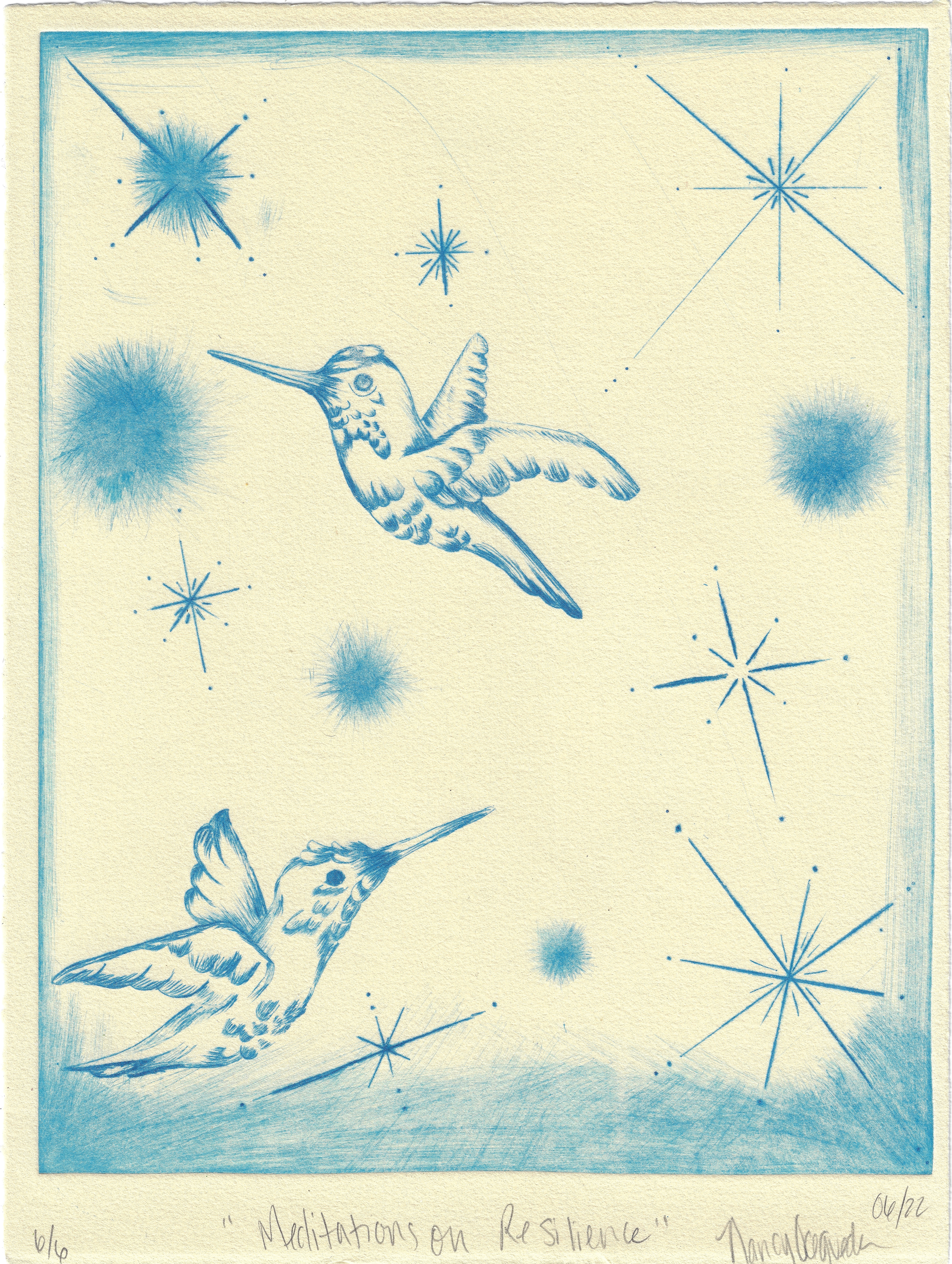 Meditations on Resiliency, 2022.  Etching on cotton paper. 11x9 inches.