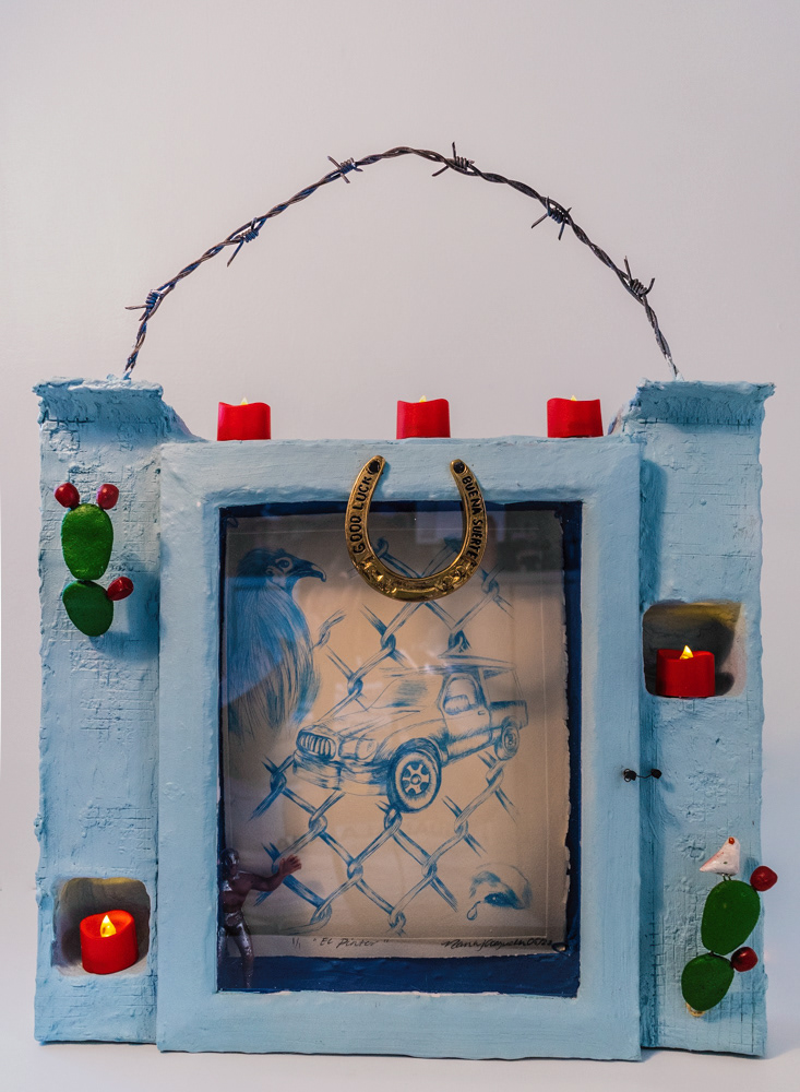 Ahorita Regreso 1 of 1, 2022. Etching, found objects, mixed media.  22 x18 x 2 inches.