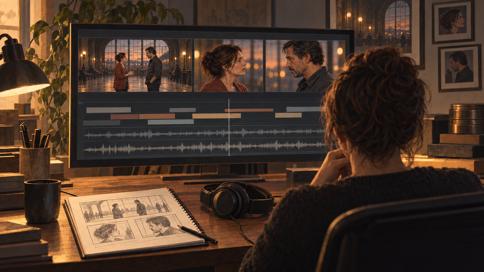 Concept artwork of an editor reviewing a scene, alternate framings and separate sound tracks at a desk.