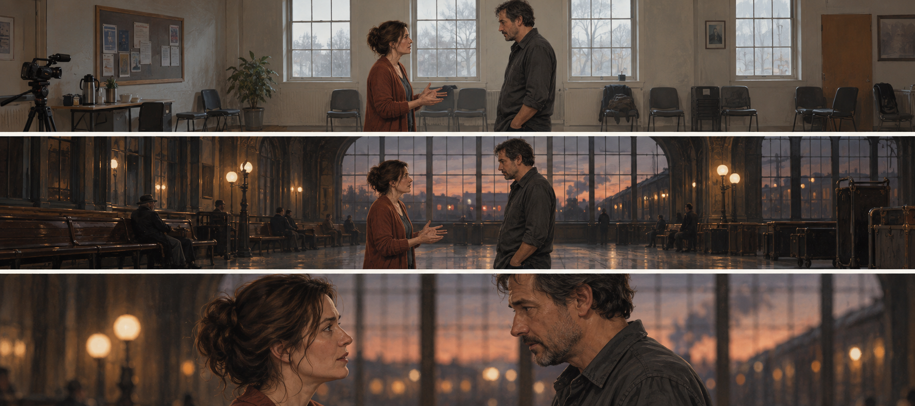 Concept triptych showing two fictional performers in an ordinary room, an imagined train-station setting and closer coverage of the scene.