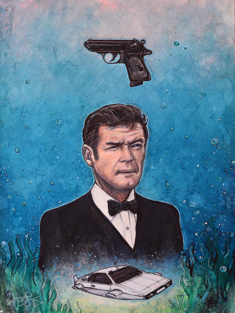 'ROGER MOORE AS BOND' - Watercolour and ink on paper, 2017