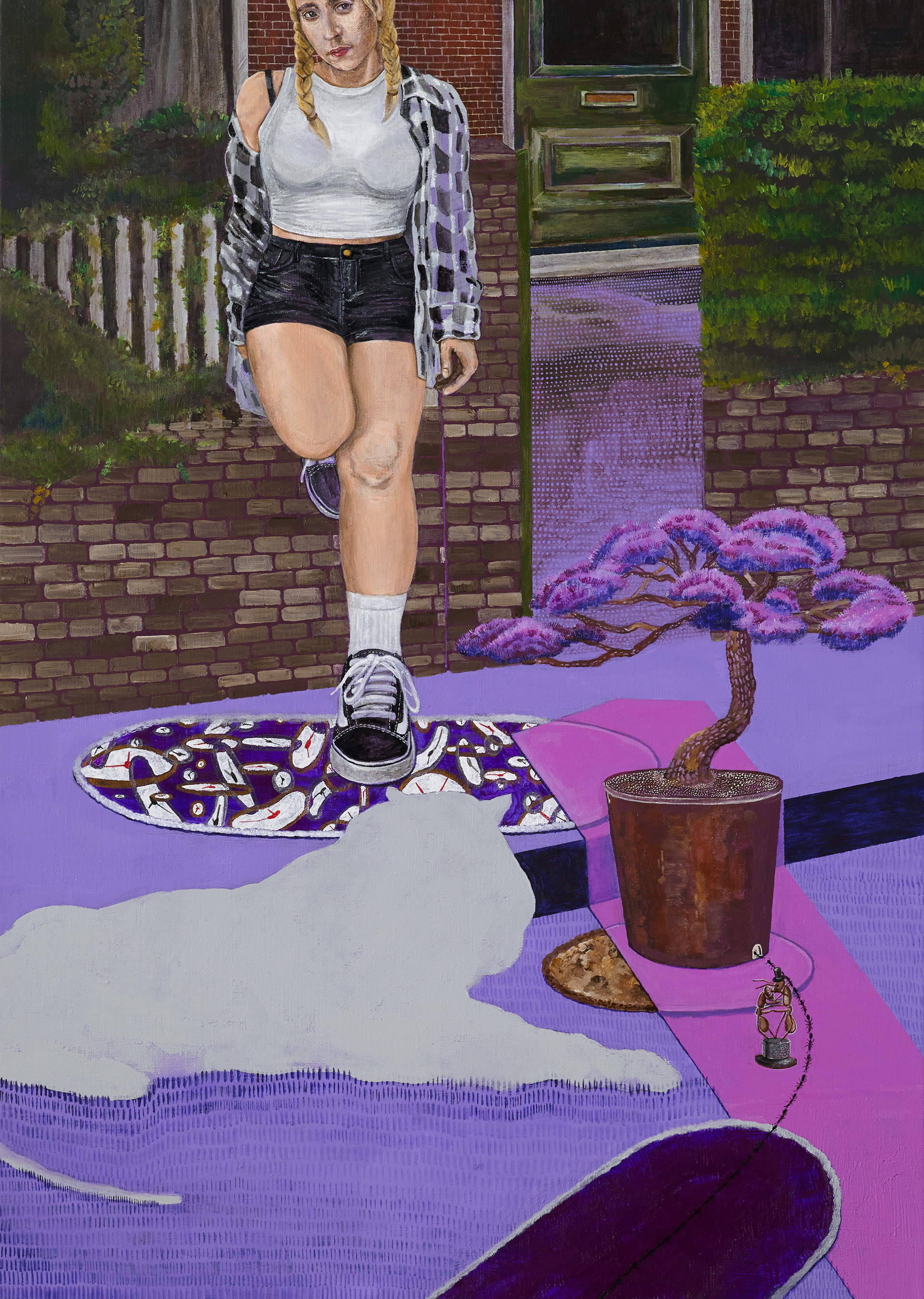 Girl, tiger with pine flowerpot in London, Acrylic on canvas, 90.9x65.1cm, 2019