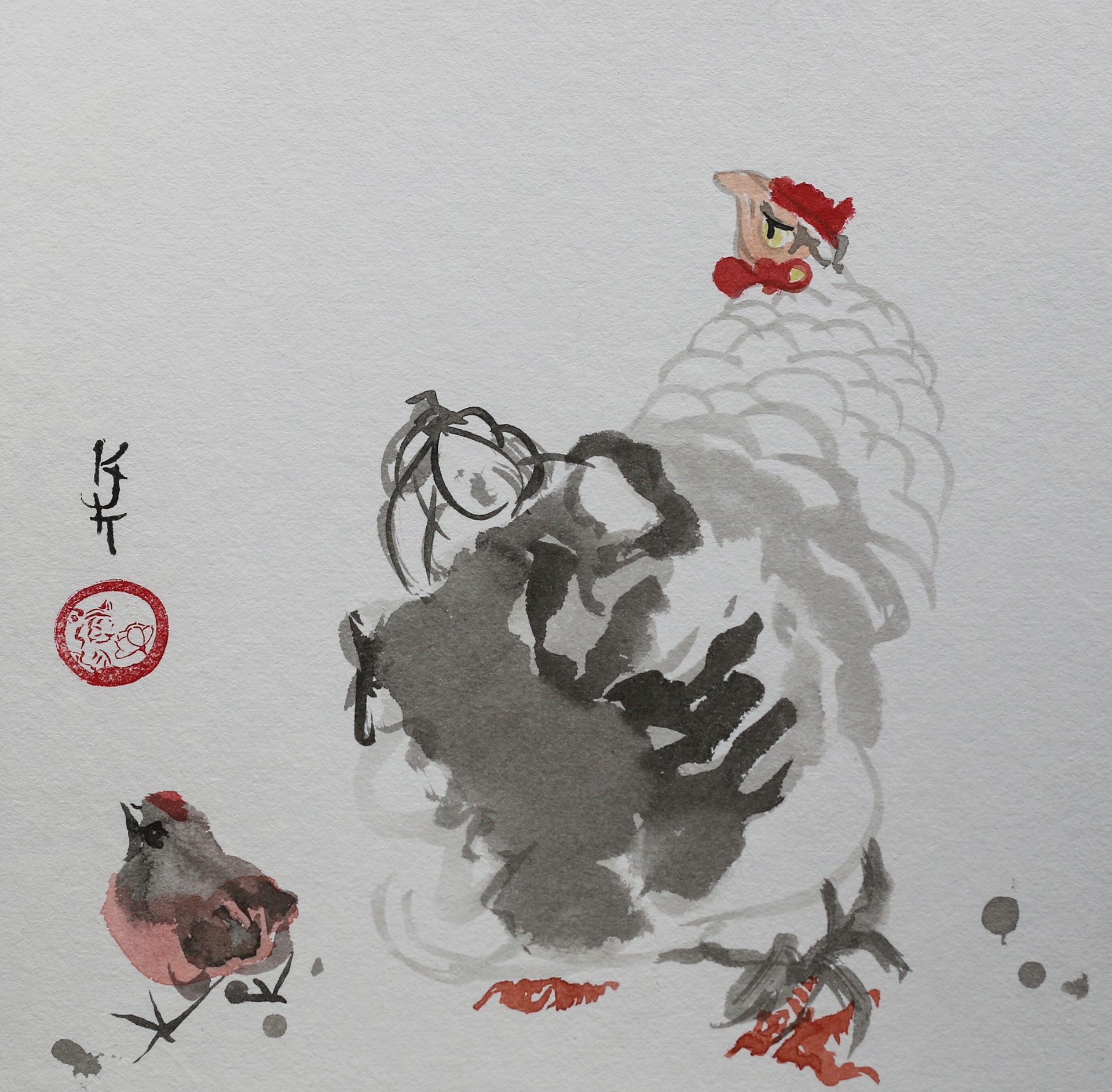 Hen and chick - £120 (Framed 40x40cm)