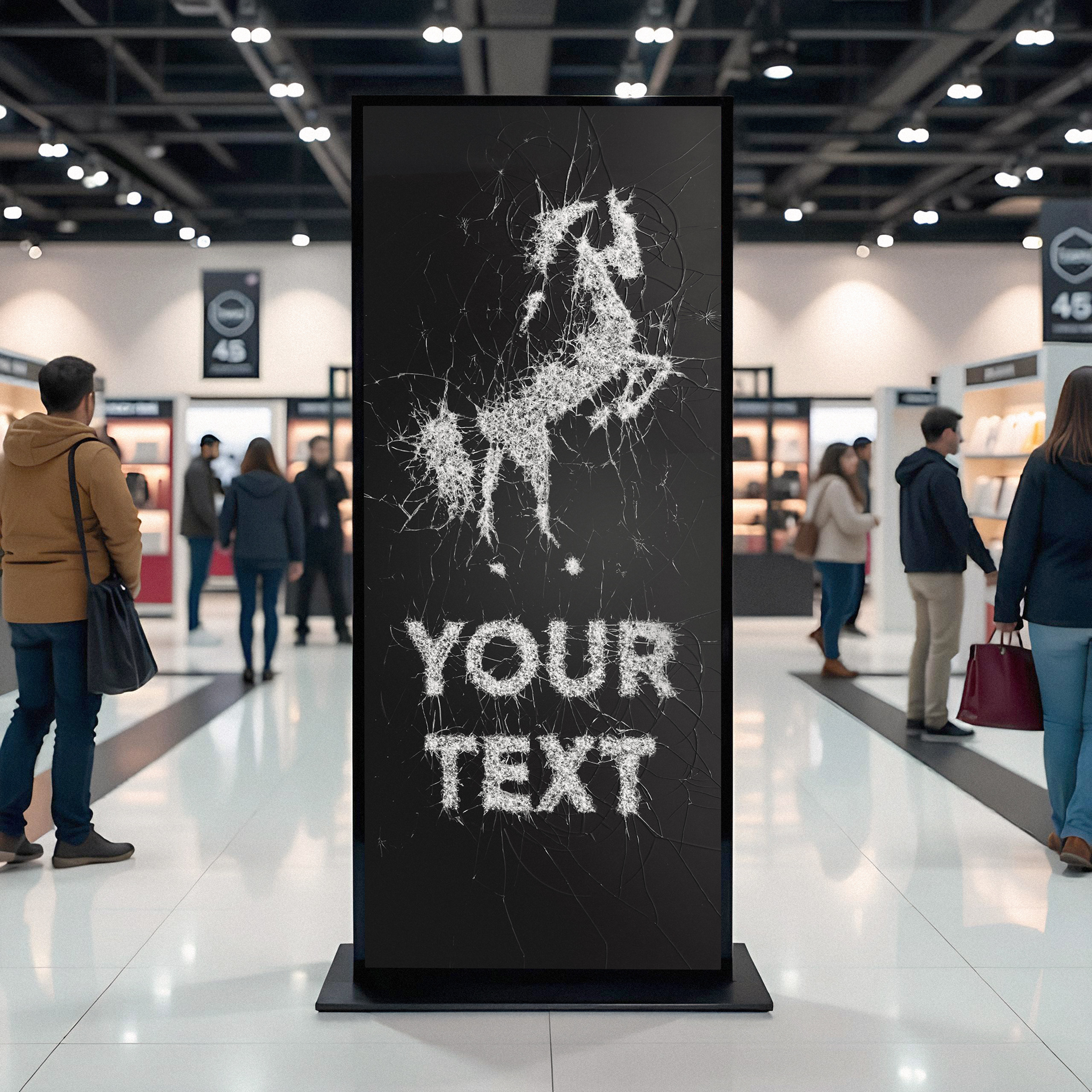 Decoratief kunstobject van gebroken glas, geschikt voor winkels of beursstands.