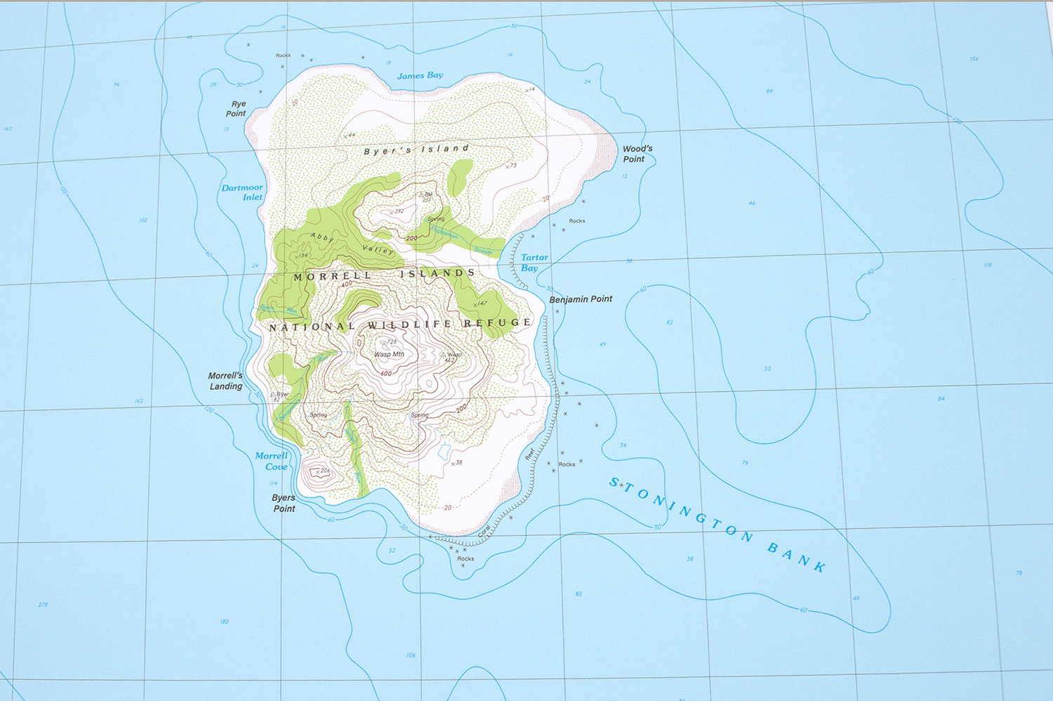 Detail of the landmass on Byer's Island Quadrangle