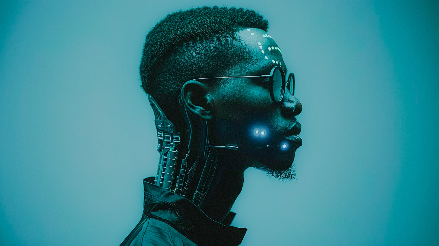 shouldershot AI male Bionic face, front facing, no hair, dark AI African sky background, blue lighting, show shoulders, robotic face, bionic eye, LED light dots on face, metal brain, metal neck --chaos 30 --ar 16:9 --style raw --sref https://s.mj.run/ST50f6CQ4_M Job ID: 5891a12c-2cef-45d9-9639-89000590db02