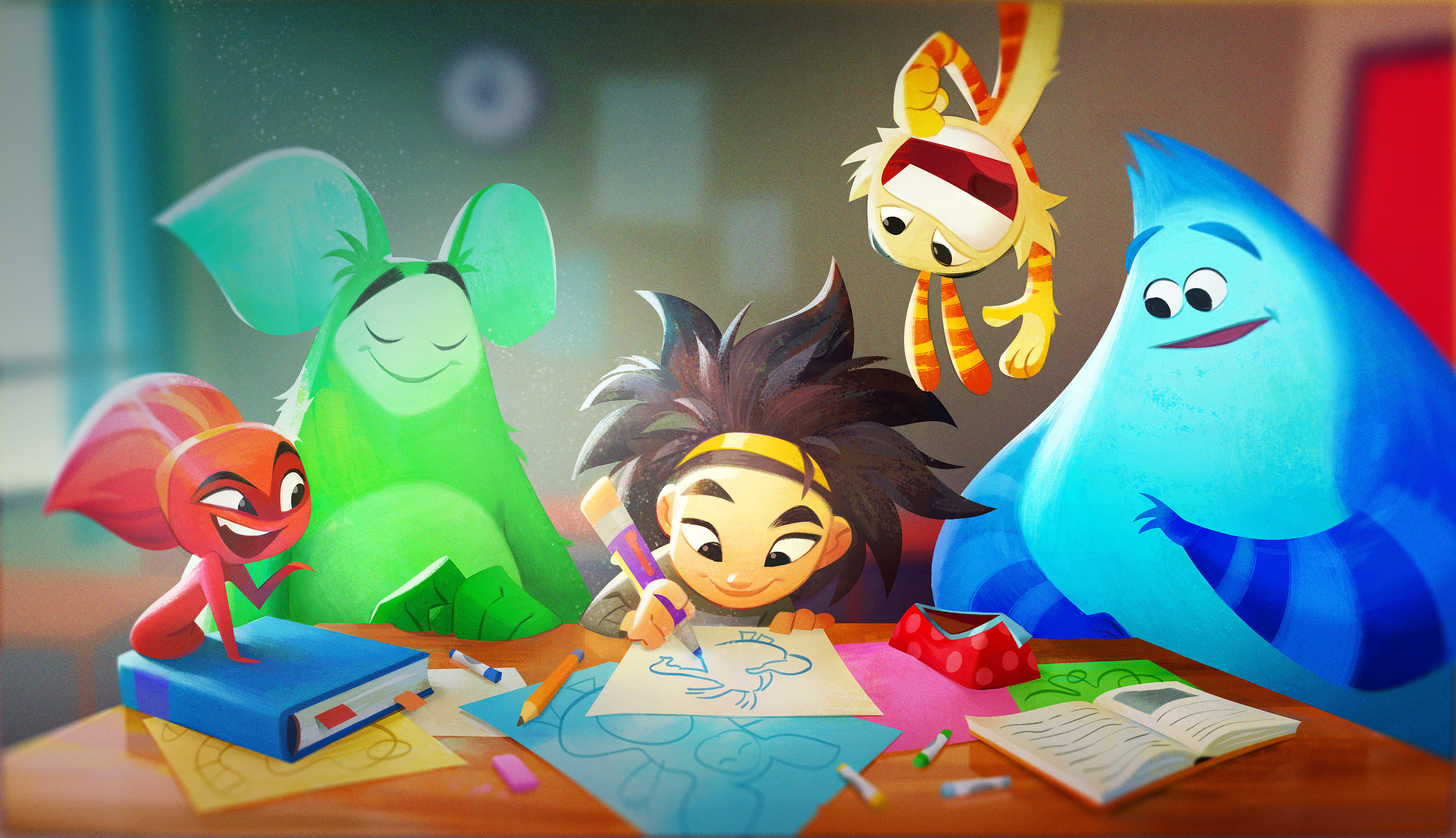 A cute preschool key art where a girl is drawing and cute creatures are sitting beside her watching. Preschool animated IP development character design.